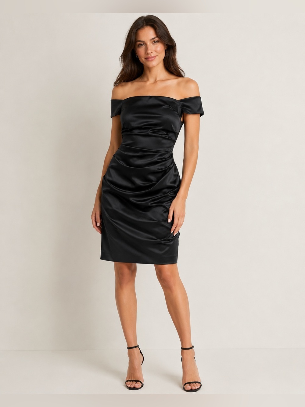 Betsy & Adam Black One-Shoulder Satin Cocktail Dress